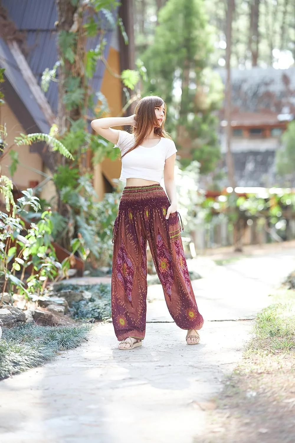 Lannaclothesdesign Women's Smocked Waist Boho Flowy Yoga Harem Pants Hippie Clothes
