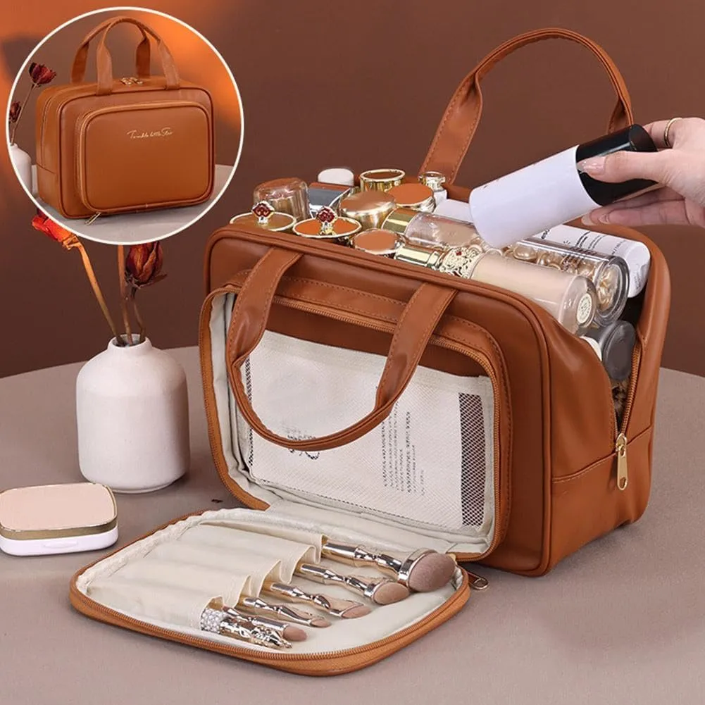 Large Capacity Cosmetic Bag for Women Travel Makeup Organizer Portable Zippered Toiletry Bag with Compartments Handheld Cosmetic Storage Case Stylish Design