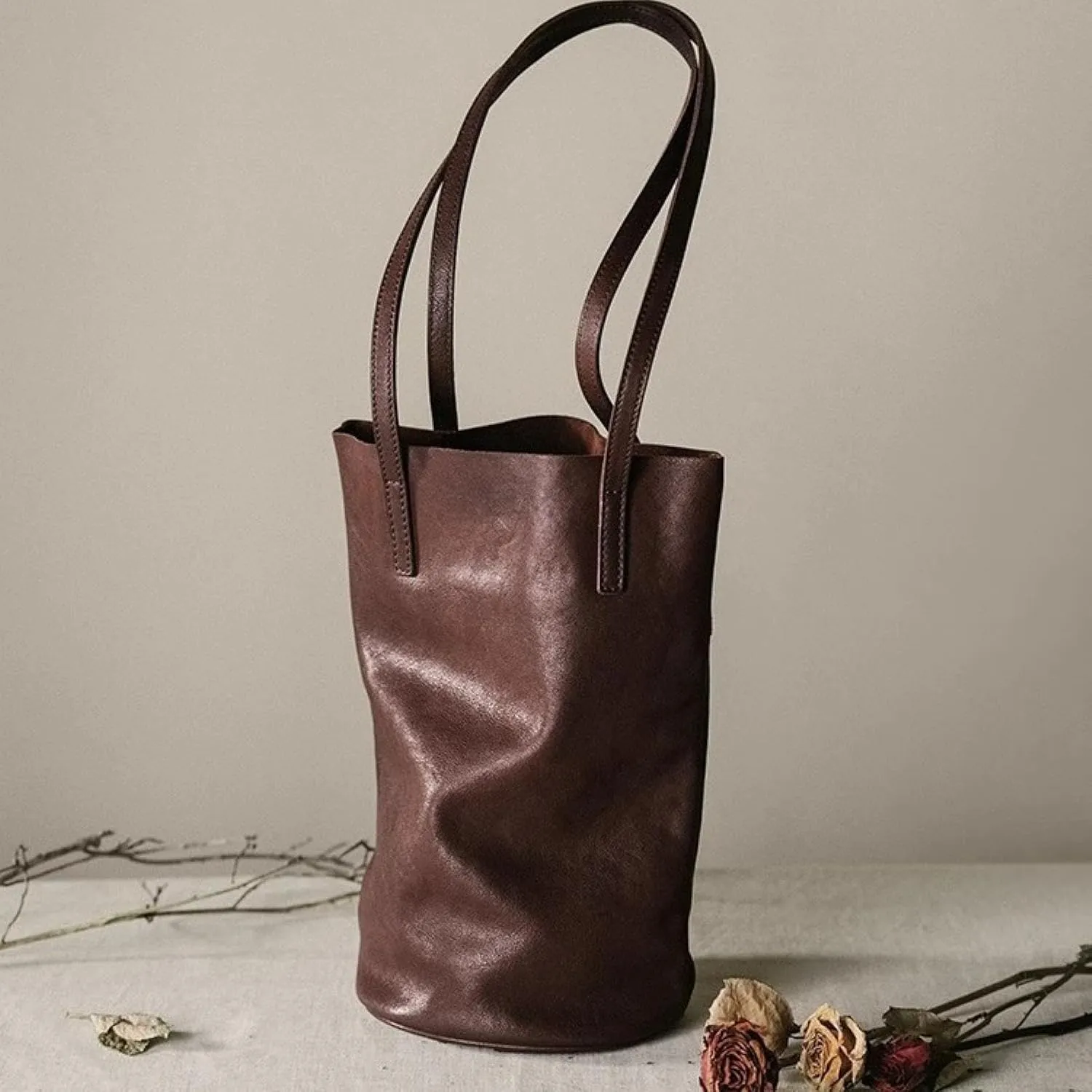 Lazy Bucket Bag, Female Genuine Leather, Armpit Shoulder Bag, Head Vegetable-Tanned Cowhide Bag