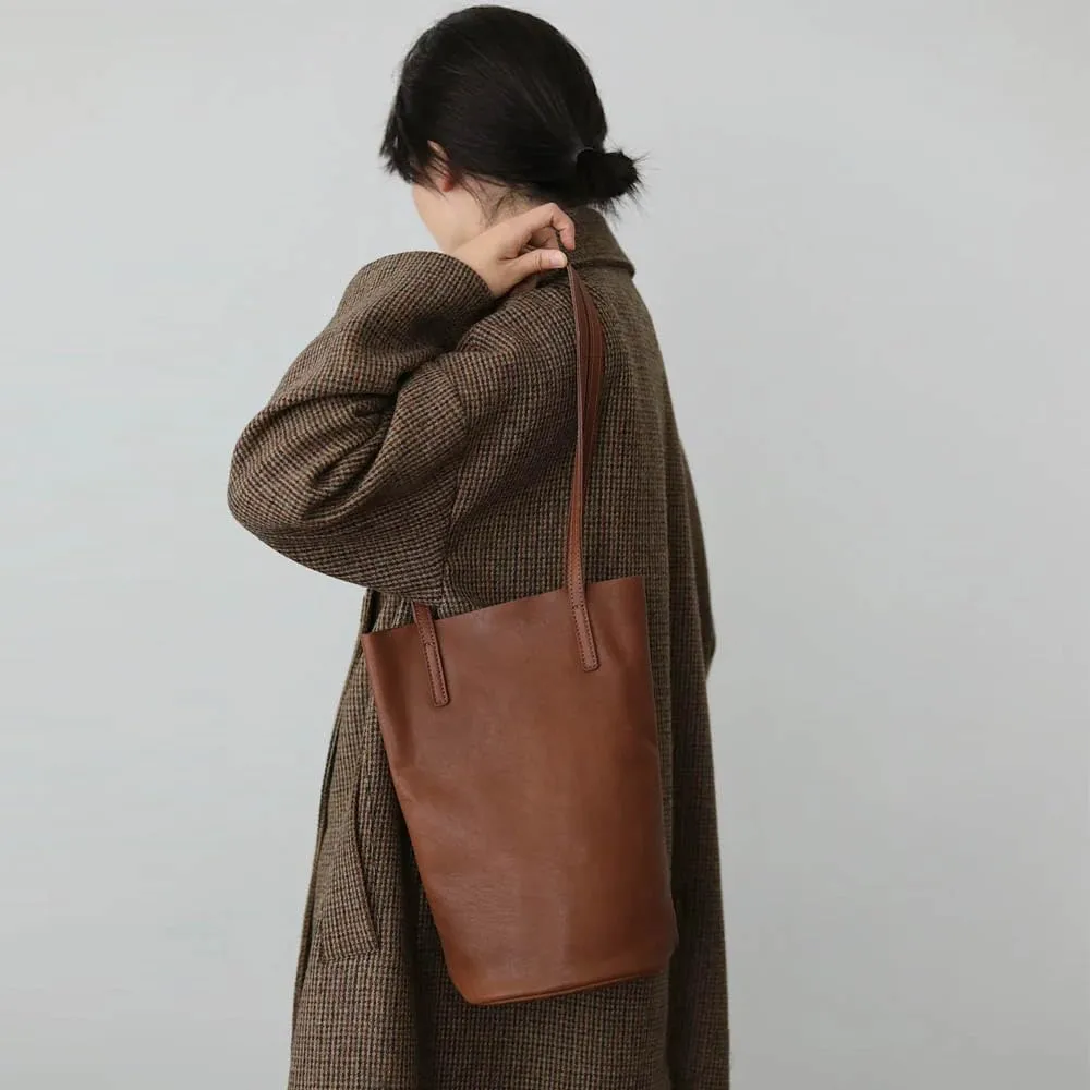 Lazy bucket bag, women's genuine leather shoulder bag, retro minimalist soft leather commuting large capacity