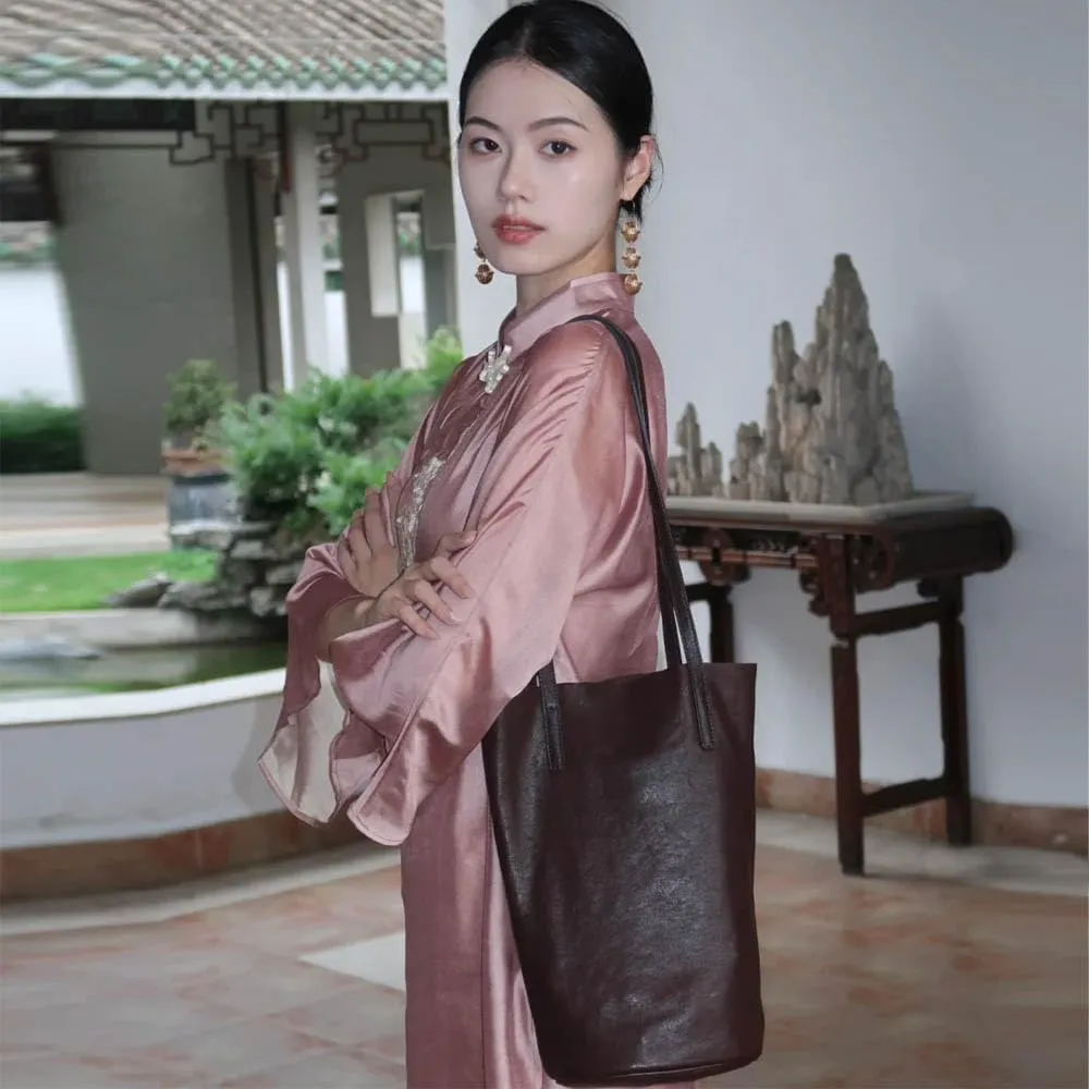 Lazy bucket bag, women's genuine leather shoulder bag, retro minimalist soft leather commuting large capacity