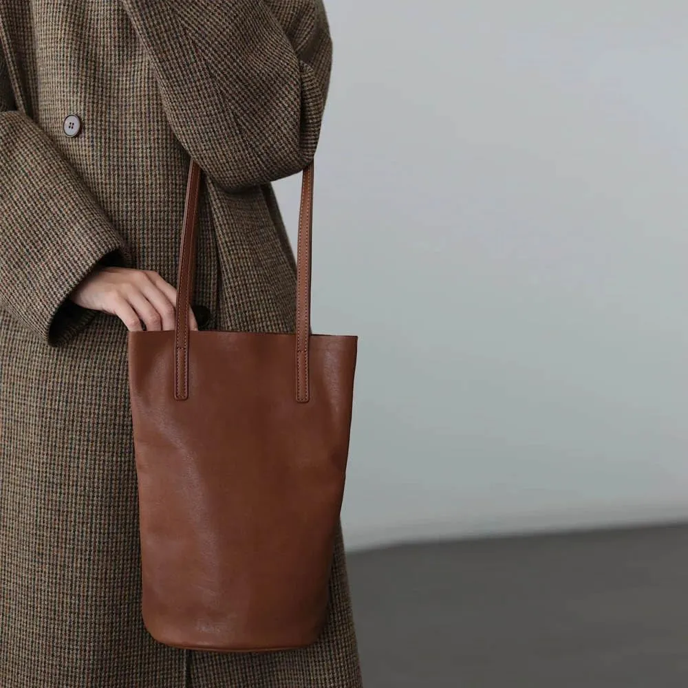 Lazy bucket bag, women's genuine leather shoulder bag, retro minimalist soft leather commuting large capacity