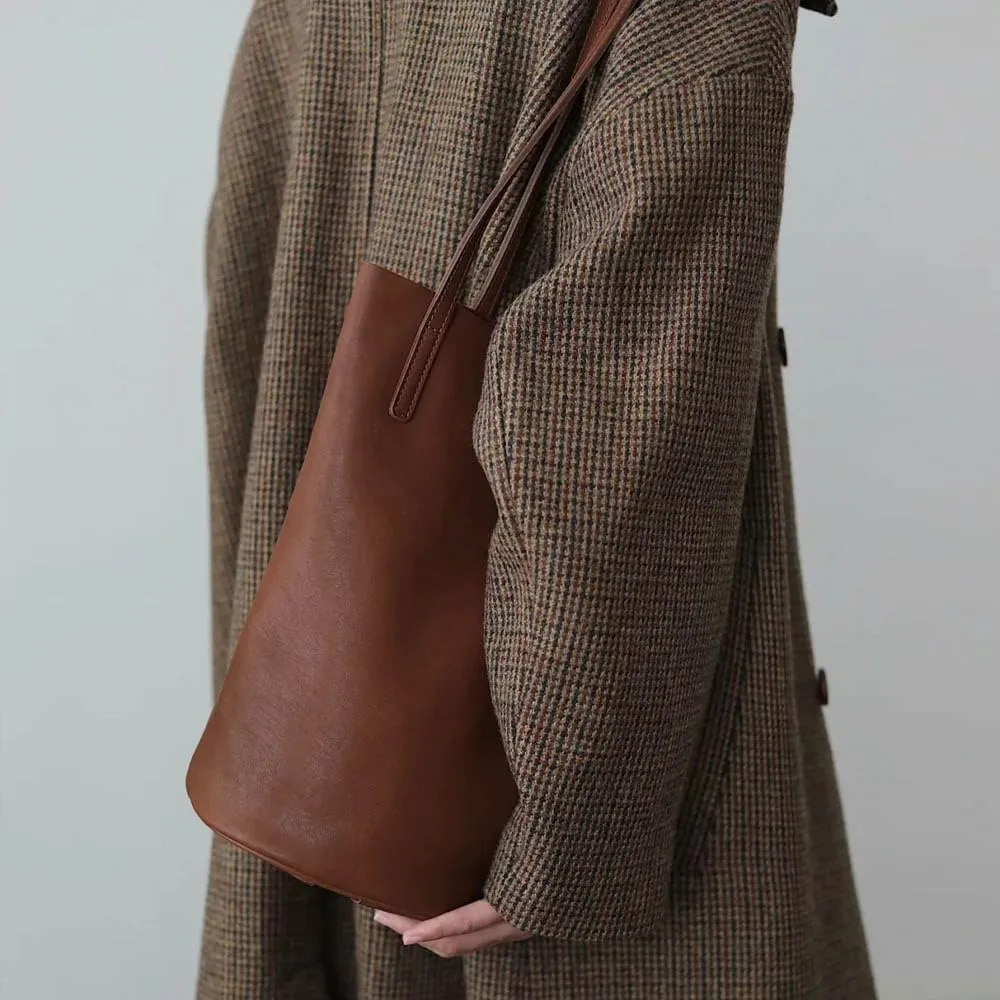 Lazy bucket bag, women's genuine leather shoulder bag, retro minimalist soft leather commuting large capacity