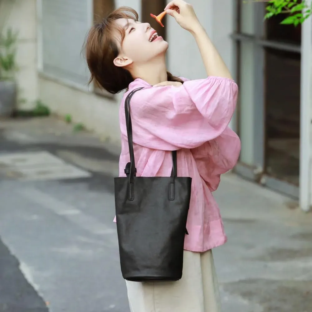 Lazy bucket bag, women's genuine leather shoulder bag, retro minimalist soft leather commuting large capacity