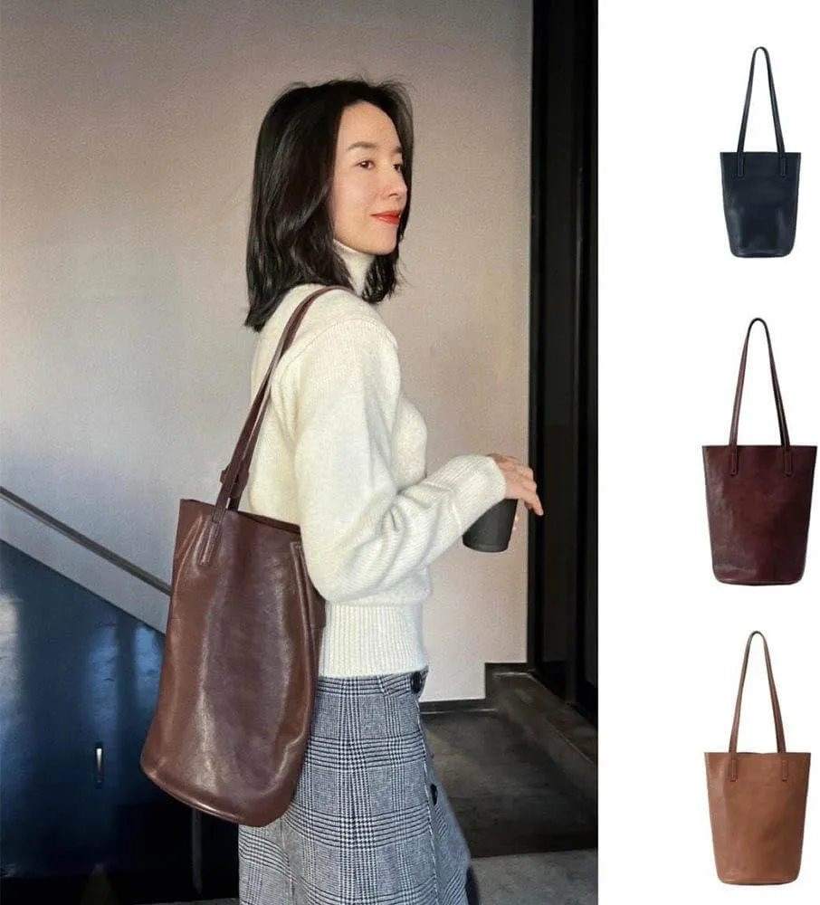 Lazy bucket bag, women's genuine leather shoulder bag, retro minimalist soft leather commuting large capacity