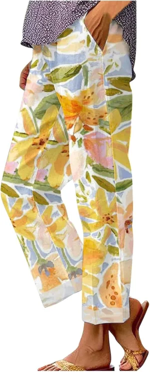 LCMTWX Women's Linen High Waisted Straight Pants Drawstring Linen Women Waist Cotton Casual Pants with Pockets Boho Clothes
