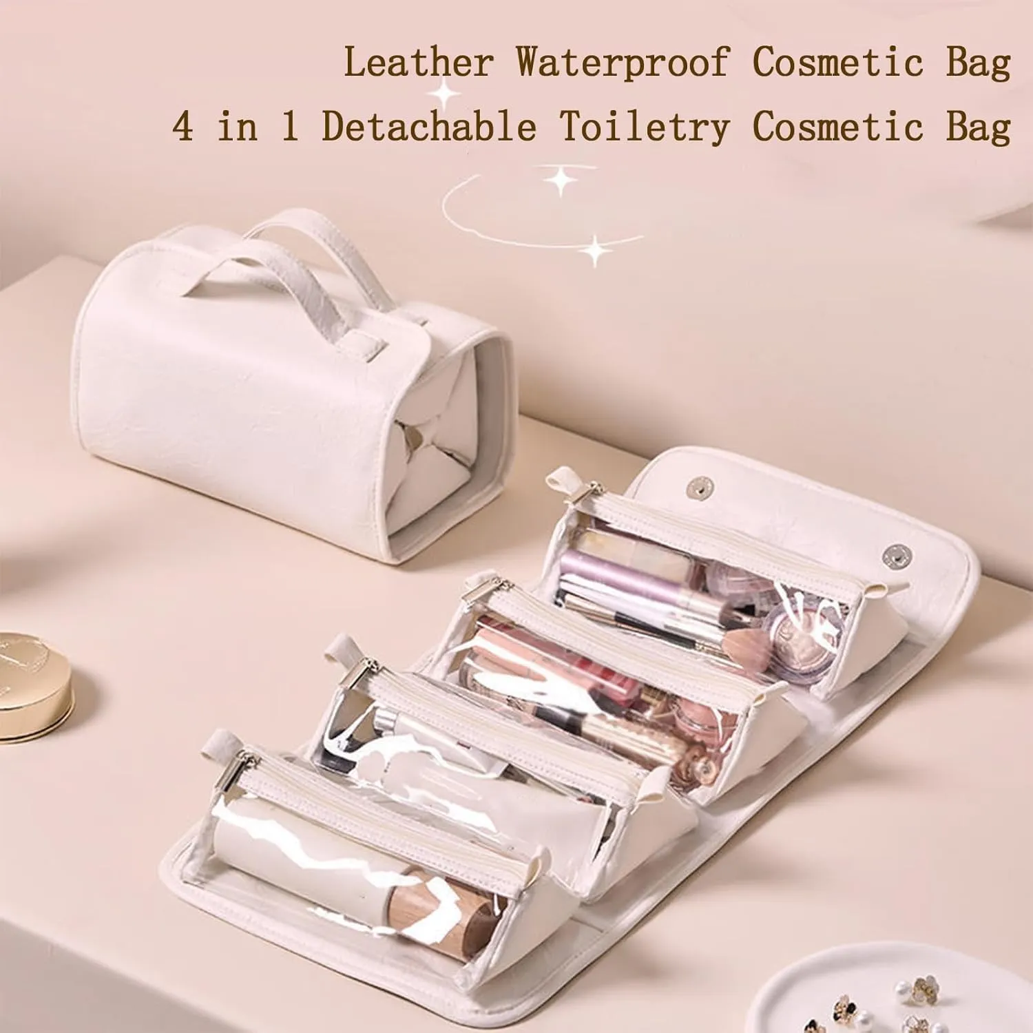 LELEBEAR Leather Waterproof Cosmetic Bag Detachable 4 In 1, Leather Waterproof Makeup Bags, Roll Up Toiletry Bag for Women (1 pcs Black)
