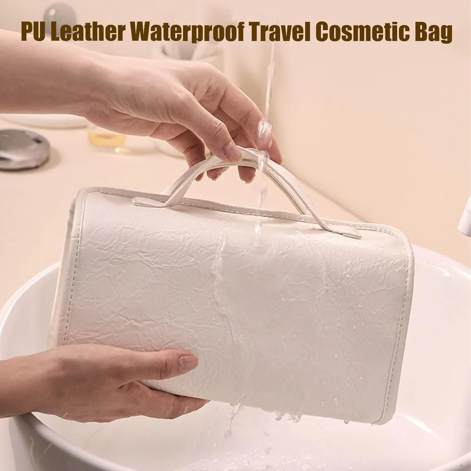 LELEBEAR Leather Waterproof Cosmetic Bag Detachable 4 In 1, Leather Waterproof Makeup Bags, Roll Up Toiletry Bag for Women (1 pcs Black)