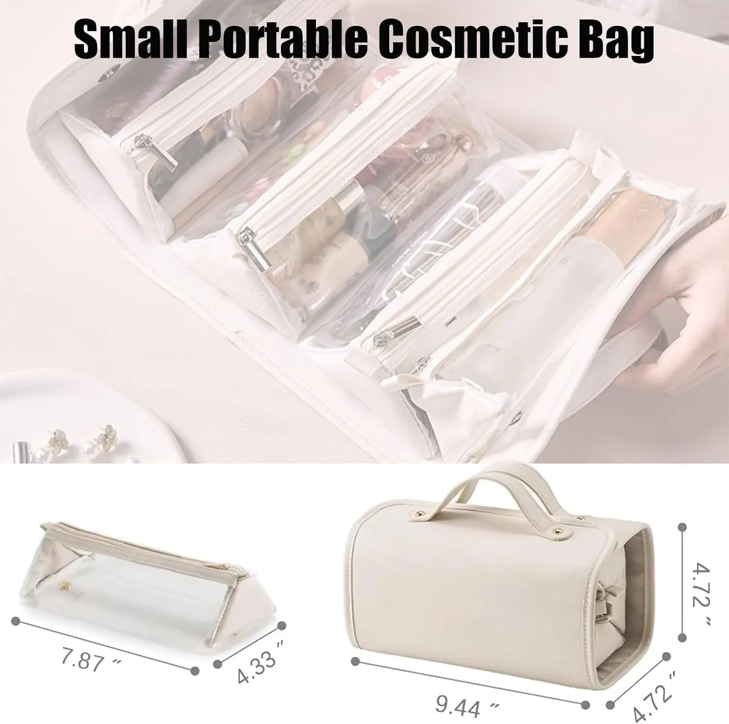 LELEBEAR Leather Waterproof Cosmetic Bag Detachable 4 In 1, Leather Waterproof Makeup Bags, Roll Up Toiletry Bag for Women (1 pcs Black)