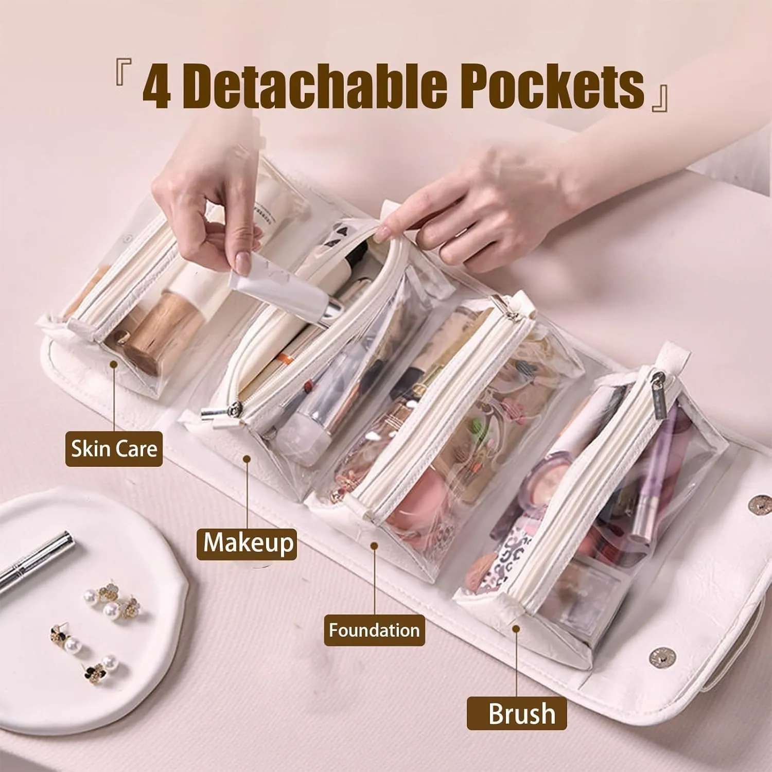 LELEBEAR Leather Waterproof Cosmetic Bag Detachable 4 In 1, Leather Waterproof Makeup Bags, Roll Up Toiletry Bag for Women (1 pcs Black)