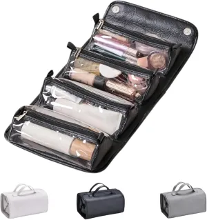 LELEBEAR Leather Waterproof Cosmetic Bag Detachable 4 In 1, Leather Waterproof Makeup Bags, Roll Up Toiletry Bag for Women (1 pcs Black)