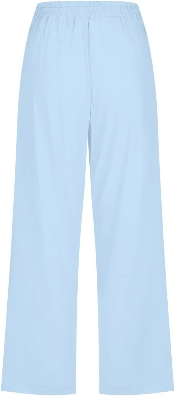 Linen Capris for Women Casual Summer Beach High Waisted Straight Pants Comfy Trendy Cropped Trousers with Pockets