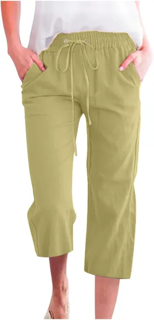 Linen Capris for Women Casual Summer Beach High Waisted Straight Pants Comfy Trendy Cropped Trousers with Pockets