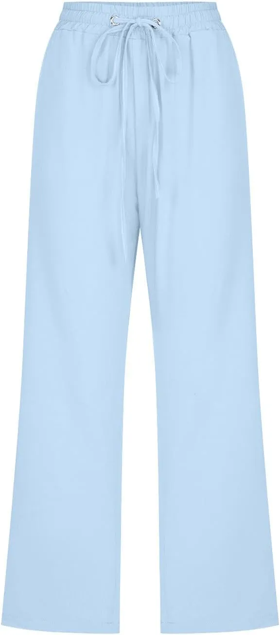 Linen Capris for Women Casual Summer Beach High Waisted Straight Pants Comfy Trendy Cropped Trousers with Pockets