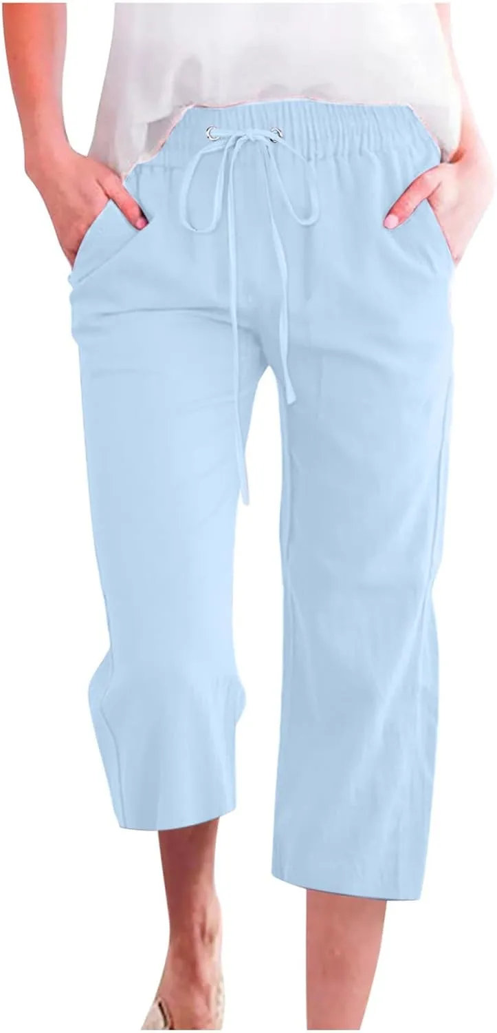 Linen Capris for Women Casual Summer Beach High Waisted Straight Pants Comfy Trendy Cropped Trousers with Pockets