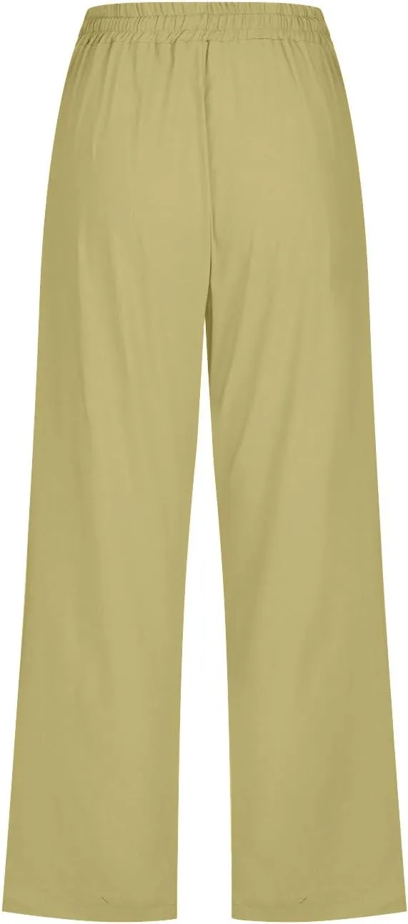 Linen Capris for Women Casual Summer Beach High Waisted Straight Pants Comfy Trendy Cropped Trousers with Pockets