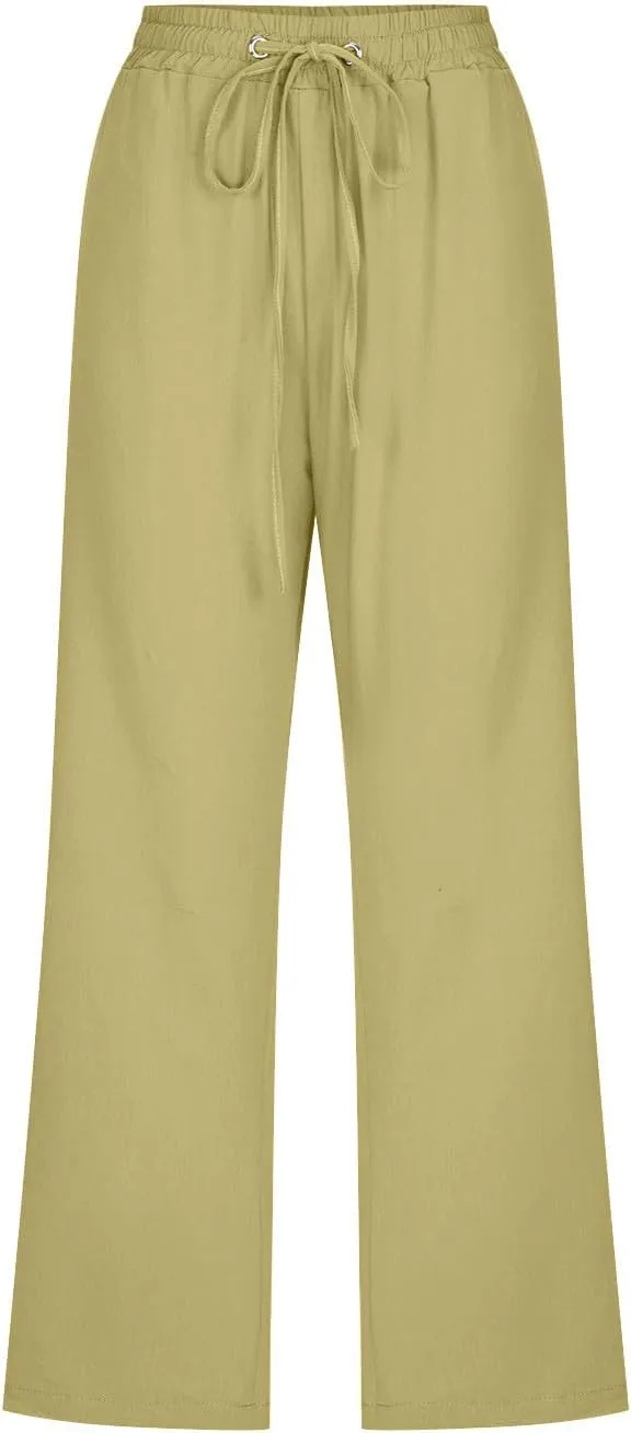 Linen Capris for Women Casual Summer Beach High Waisted Straight Pants Comfy Trendy Cropped Trousers with Pockets