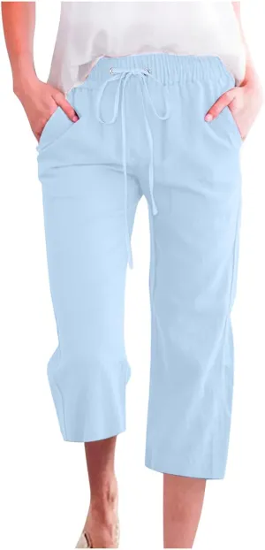 Linen Capris for Women Casual Summer Beach High Waisted Straight Pants Comfy Trendy Cropped Trousers with Pockets