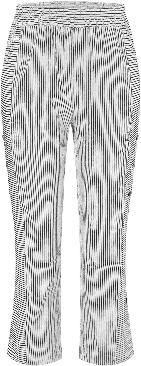 Linen Capris for Women Striped Pants Stripe Print Side Trendy Pants Baggy Elastic Waist Straight Leg Comfy Trousers
