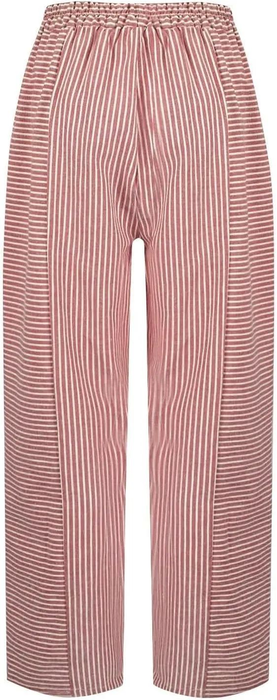 Linen Capris for Women Striped Pants Stripe Print Side Trendy Pants Baggy Elastic Waist Straight Leg Comfy Trousers