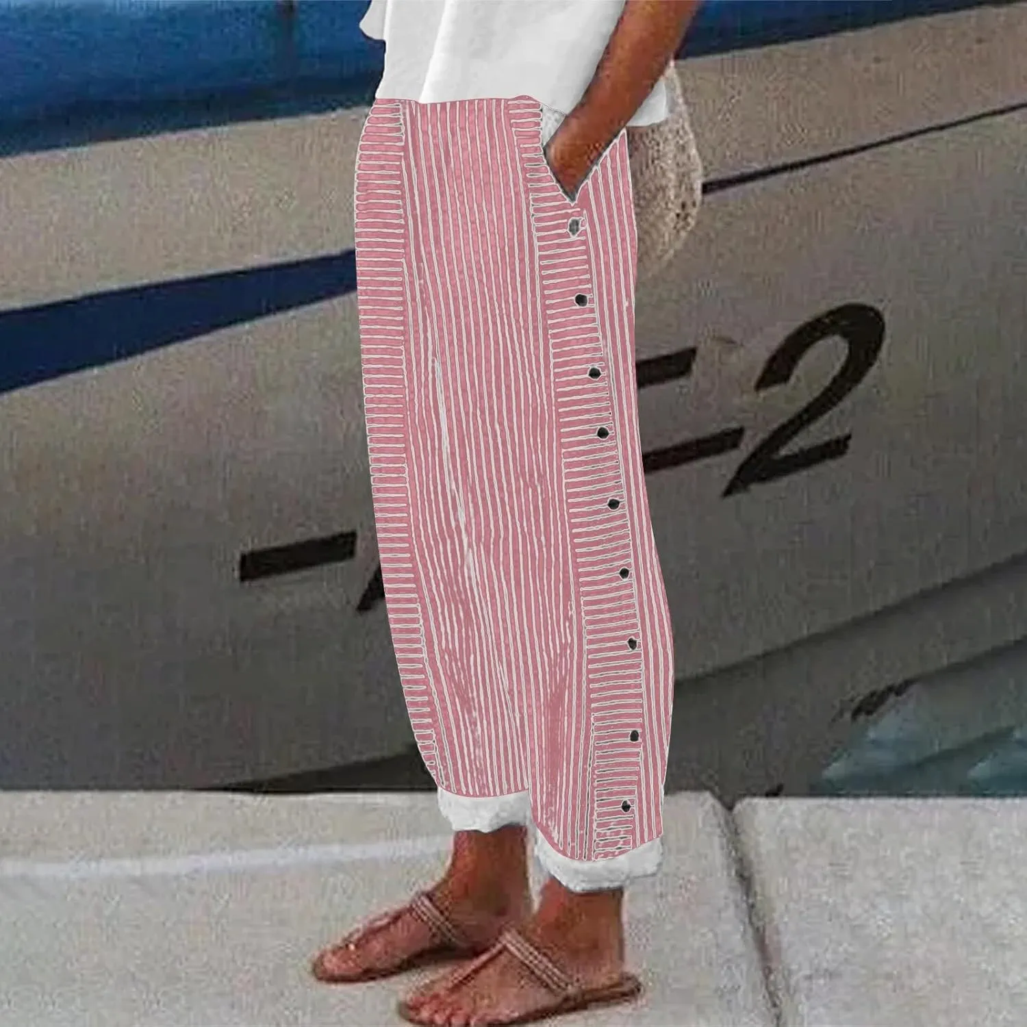 Linen Capris for Women Striped Pants Stripe Print Side Trendy Pants Baggy Elastic Waist Straight Leg Comfy Trousers