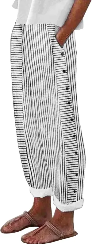 Linen Capris for Women Striped Pants Stripe Print Side Trendy Pants Baggy Elastic Waist Straight Leg Comfy Trousers