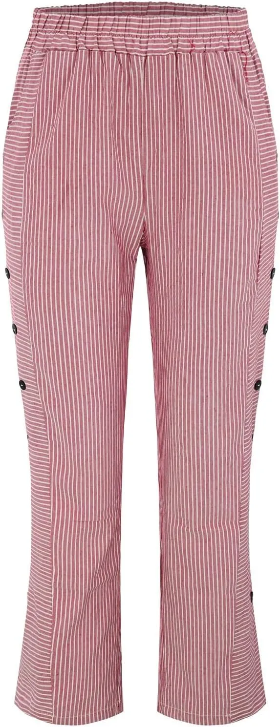 Linen Capris for Women Striped Pants Stripe Print Side Trendy Pants Baggy Elastic Waist Straight Leg Comfy Trousers