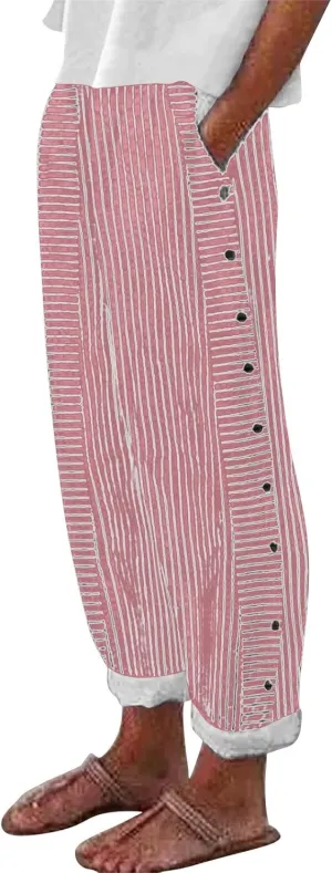 Linen Capris for Women Striped Pants Stripe Print Side Trendy Pants Baggy Elastic Waist Straight Leg Comfy Trousers