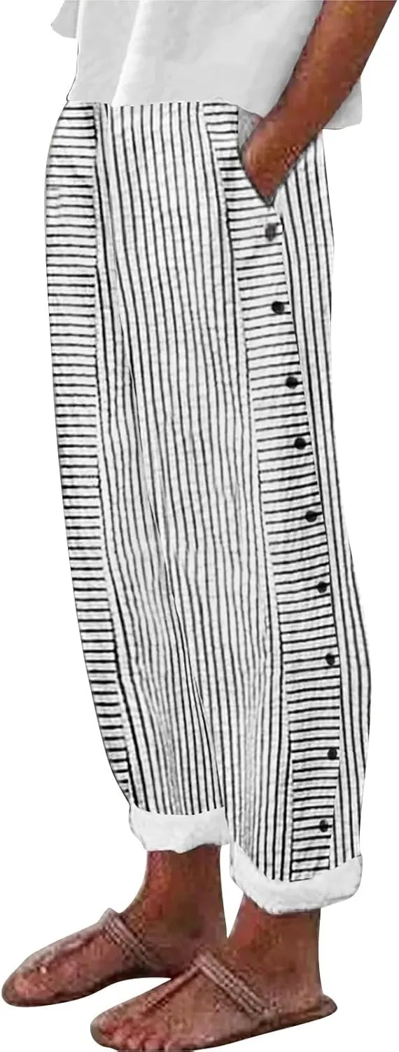 Linen Capris for Women Striped Pants Stripe Print Side Trendy Pants Baggy Elastic Waist Straight Leg Comfy Trousers