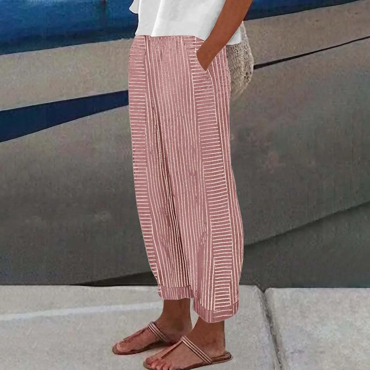 Linen Capris for Women Striped Pants Stripe Print Side Trendy Pants Baggy Elastic Waist Straight Leg Comfy Trousers