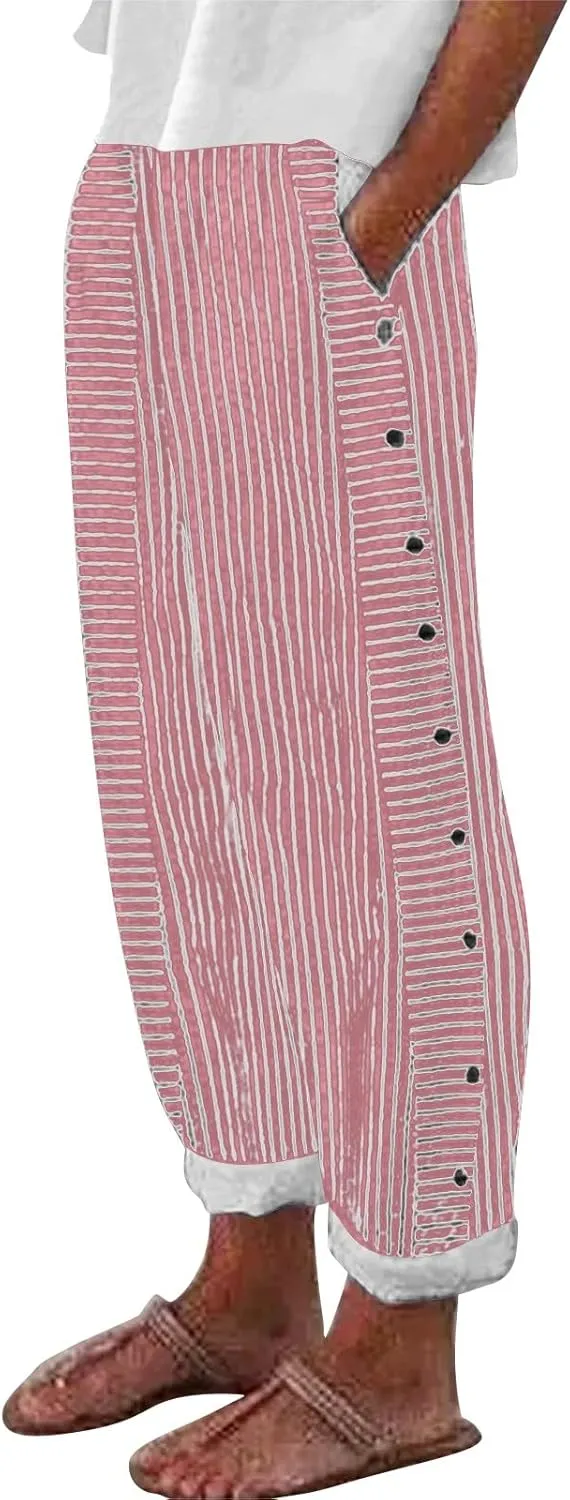 Linen Capris for Women Striped Pants Stripe Print Side Trendy Pants Baggy Elastic Waist Straight Leg Comfy Trousers