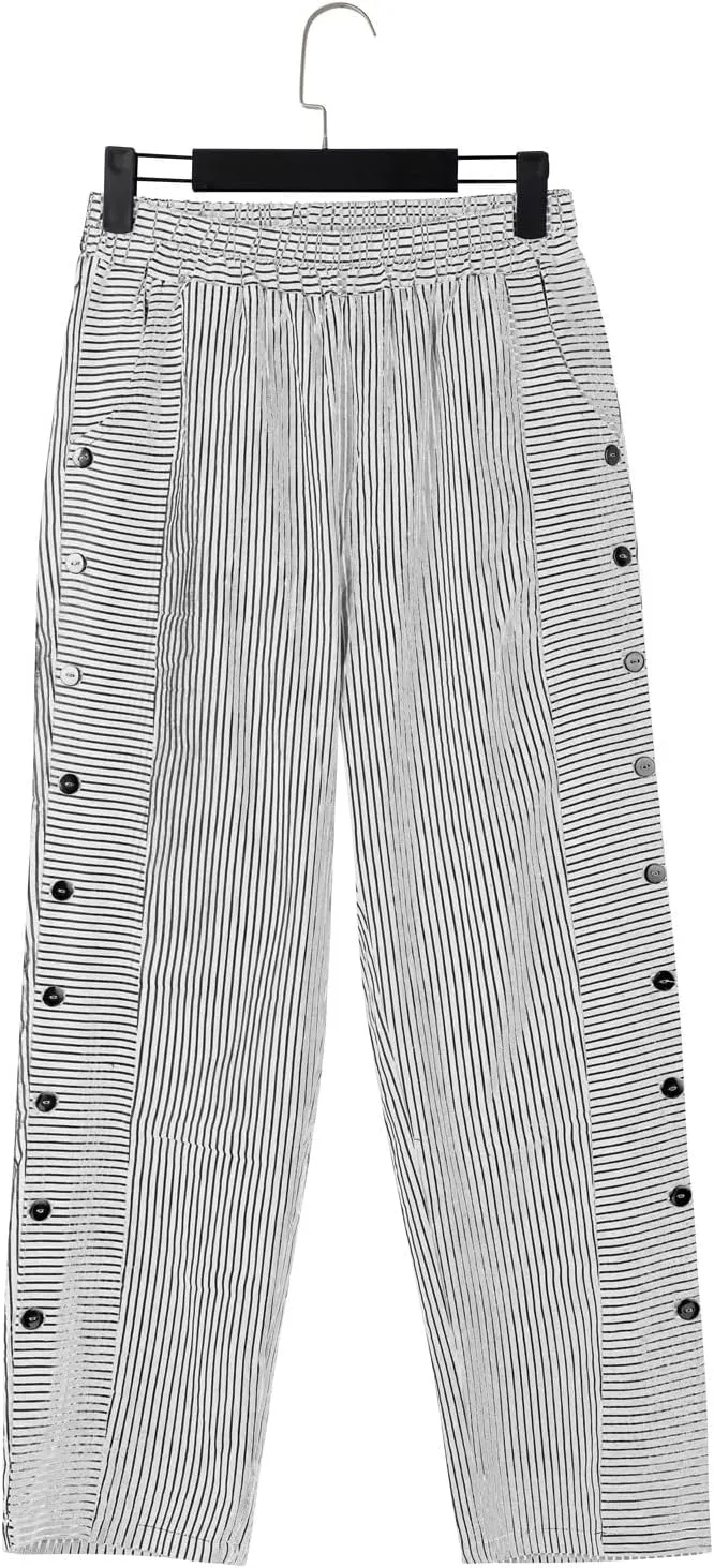 Linen Capris for Women Striped Pants Stripe Print Side Trendy Pants Baggy Elastic Waist Straight Leg Comfy Trousers