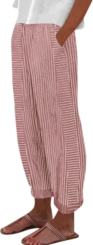 Linen Capris for Women Striped Pants Stripe Print Side Trendy Pants Baggy Elastic Waist Straight Leg Comfy Trousers
