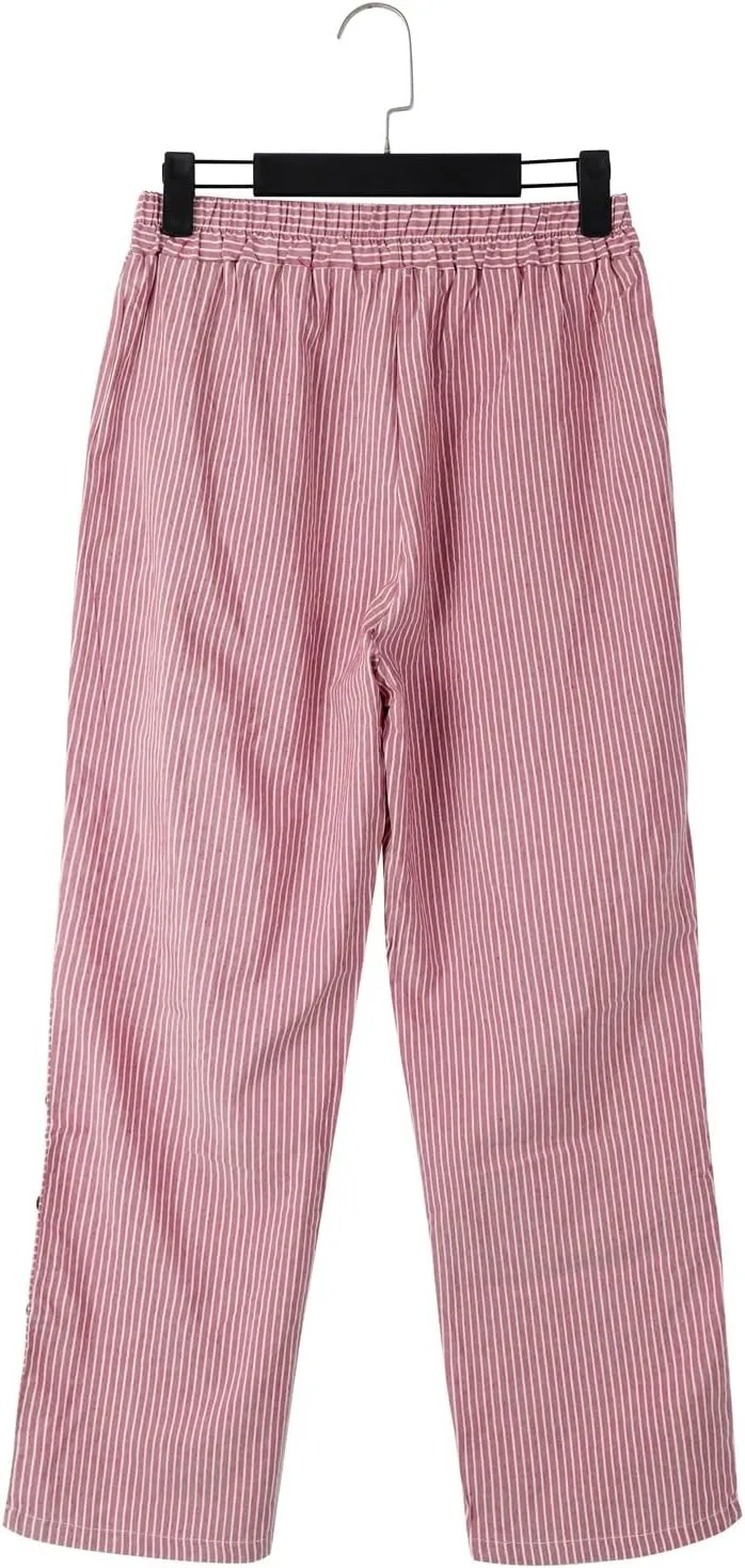 Linen Capris for Women Striped Pants Stripe Print Side Trendy Pants Baggy Elastic Waist Straight Leg Comfy Trousers