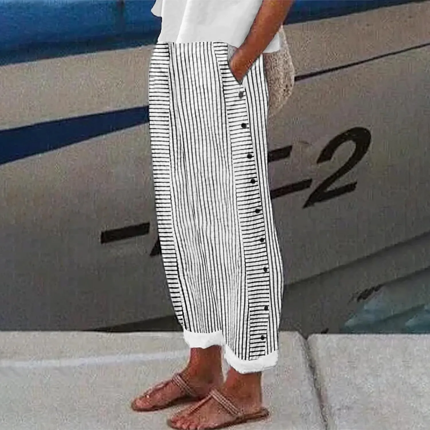 Linen Capris for Women Striped Pants Stripe Print Side Trendy Pants Baggy Elastic Waist Straight Leg Comfy Trousers