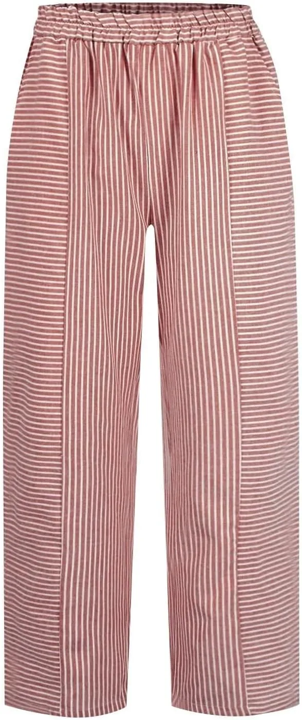 Linen Capris for Women Striped Pants Stripe Print Side Trendy Pants Baggy Elastic Waist Straight Leg Comfy Trousers