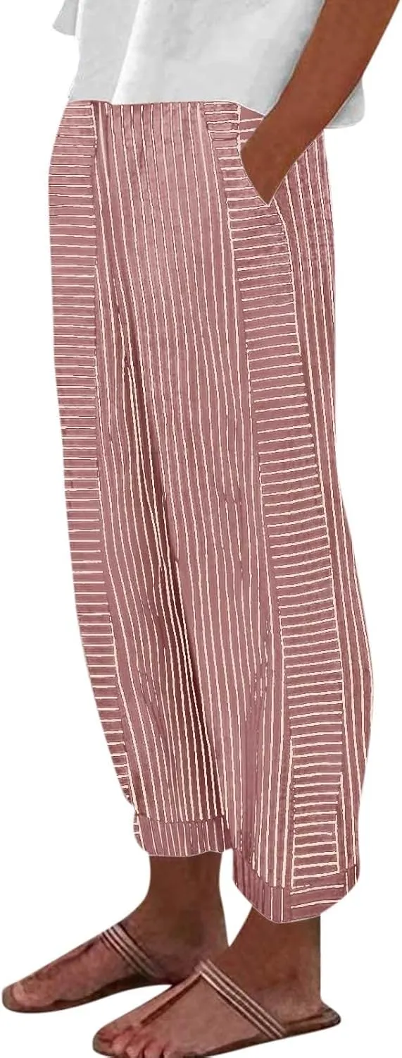 Linen Capris for Women Striped Pants Stripe Print Side Trendy Pants Baggy Elastic Waist Straight Leg Comfy Trousers