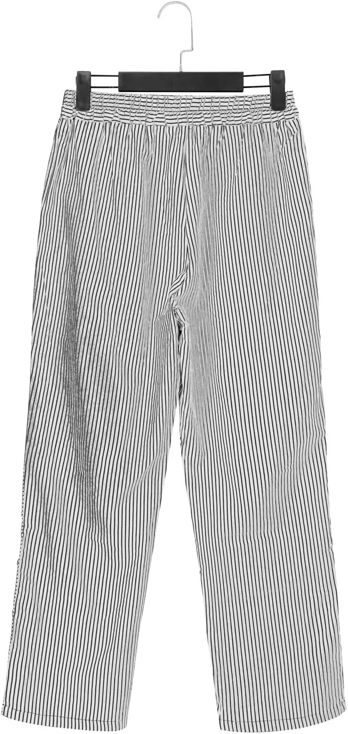Linen Capris for Women Striped Pants Stripe Print Side Trendy Pants Baggy Elastic Waist Straight Leg Comfy Trousers