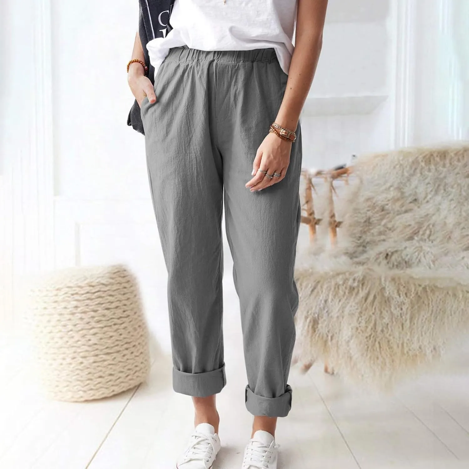 Linen Casual Summer Capri Pants Cropped Comfy Baggy Trousers with Pockets Palazzo Lounge Cropped Tapered Leg Pant