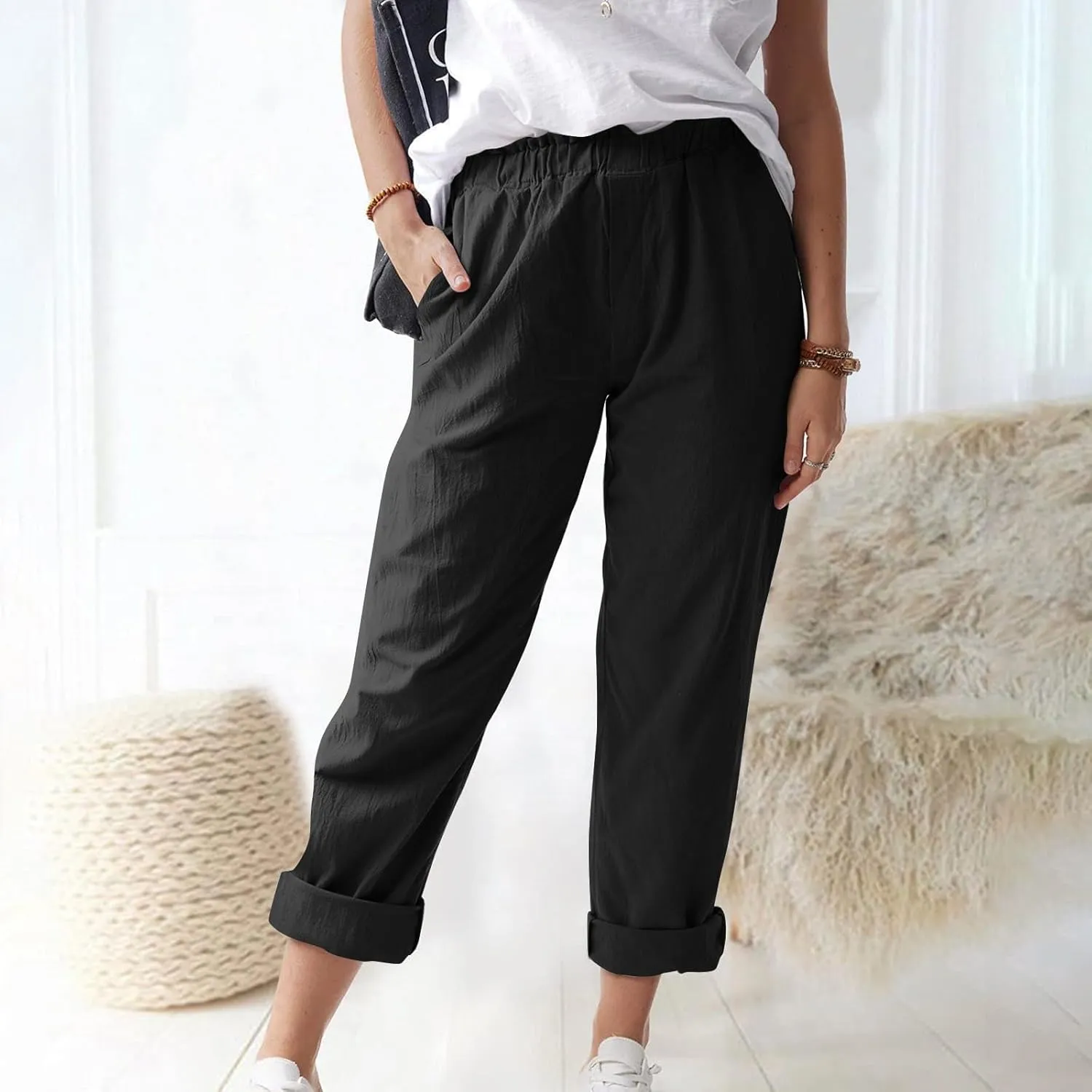 Linen Casual Summer Capri Pants Cropped Comfy Baggy Trousers with Pockets Palazzo Lounge Cropped Tapered Leg Pant