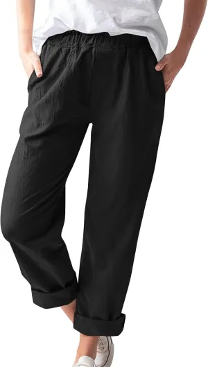 Linen Casual Summer Capri Pants Cropped Comfy Baggy Trousers with Pockets Palazzo Lounge Cropped Tapered Leg Pant