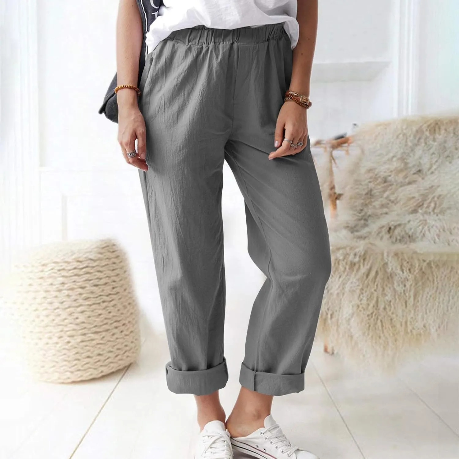Linen Casual Summer Capri Pants Cropped Comfy Baggy Trousers with Pockets Palazzo Lounge Cropped Tapered Leg Pant