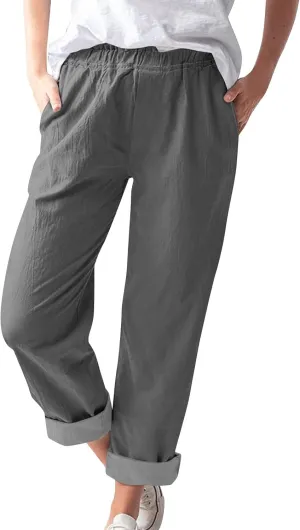 Linen Casual Summer Capri Pants Cropped Comfy Baggy Trousers with Pockets Palazzo Lounge Cropped Tapered Leg Pant