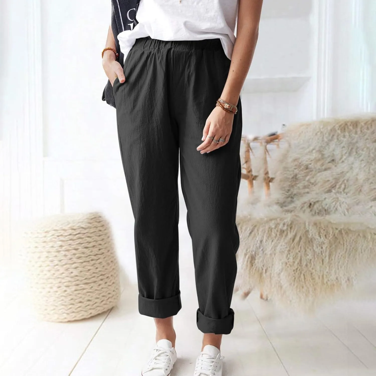 Linen Casual Summer Capri Pants Cropped Comfy Baggy Trousers with Pockets Palazzo Lounge Cropped Tapered Leg Pant