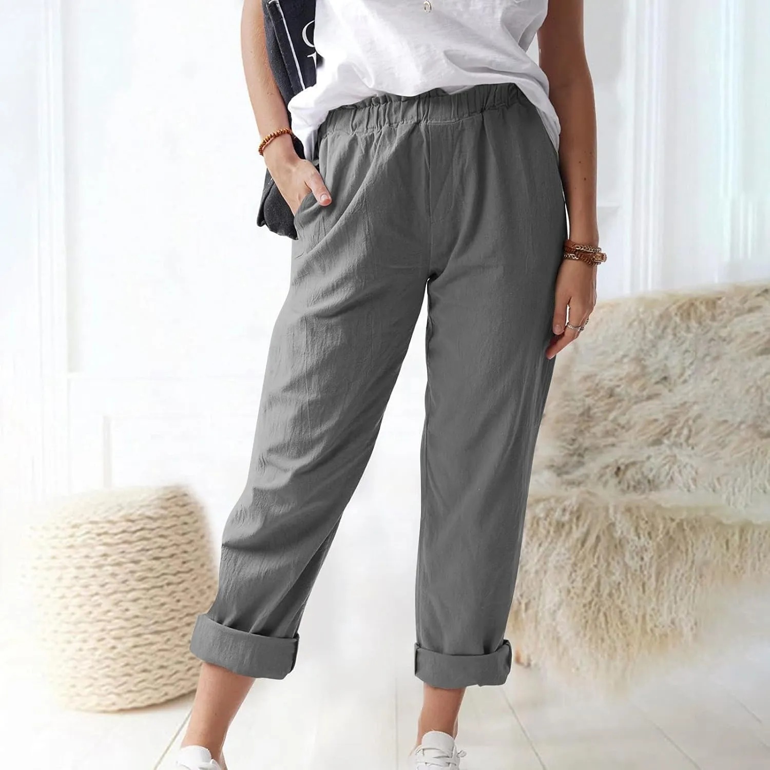 Linen Casual Summer Capri Pants Cropped Comfy Baggy Trousers with Pockets Palazzo Lounge Cropped Tapered Leg Pant