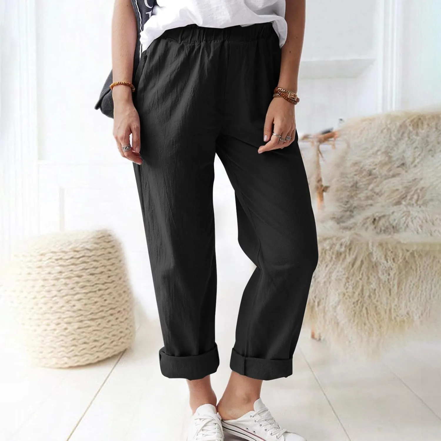 Linen Casual Summer Capri Pants Cropped Comfy Baggy Trousers with Pockets Palazzo Lounge Cropped Tapered Leg Pant