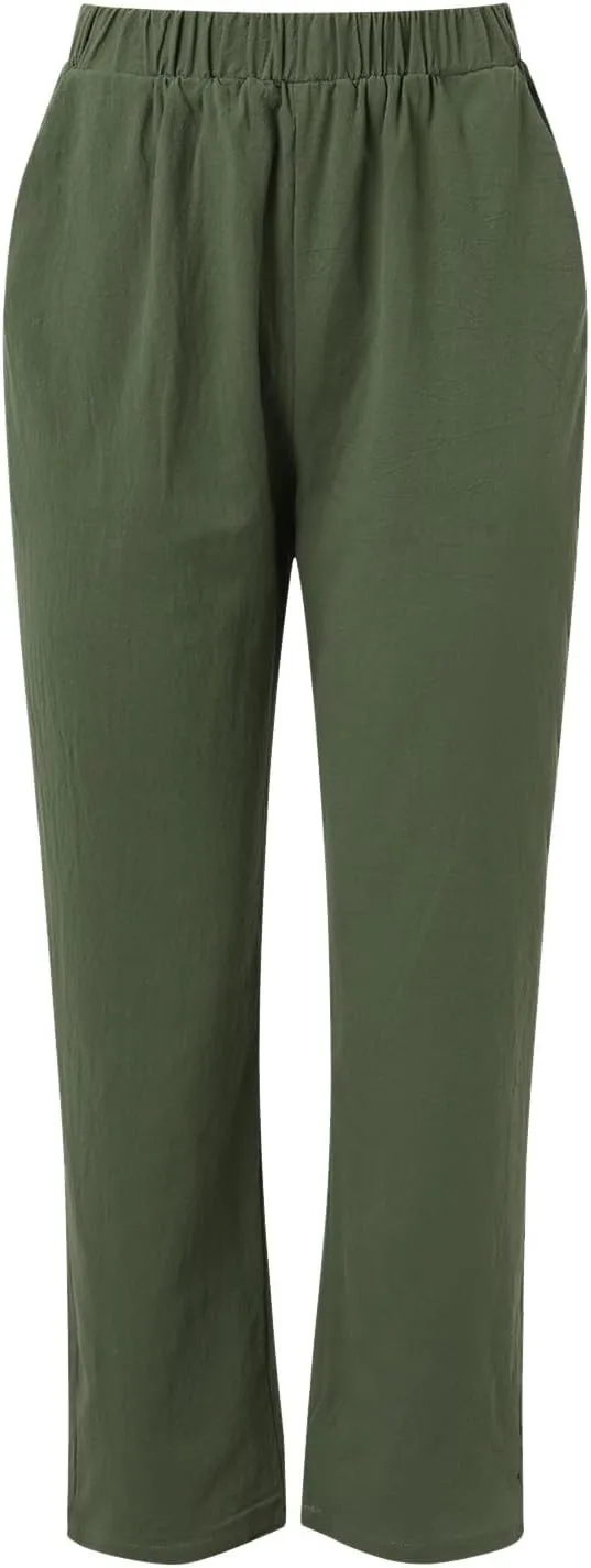 Linen Pants for Women 2025 Plus Size Trendy Spring Summer Gauze Pants Casual Elastic Waist Comfy Trousers Palazzo Capris