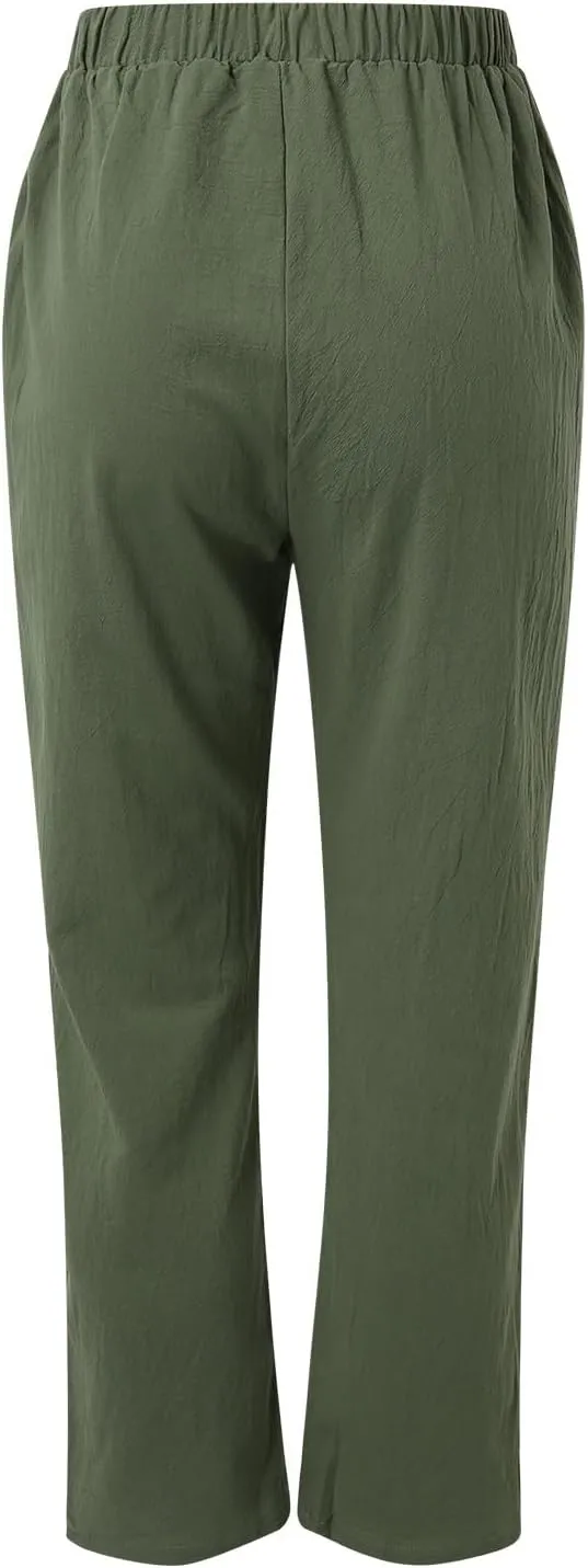 Linen Pants for Women 2025 Plus Size Trendy Spring Summer Gauze Pants Casual Elastic Waist Comfy Trousers Palazzo Capris