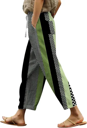Linen Pants for Women 2025 Summer High Waist Elastic Straight Leg Lounge Pant Color Block Lightweight Beach Trousers