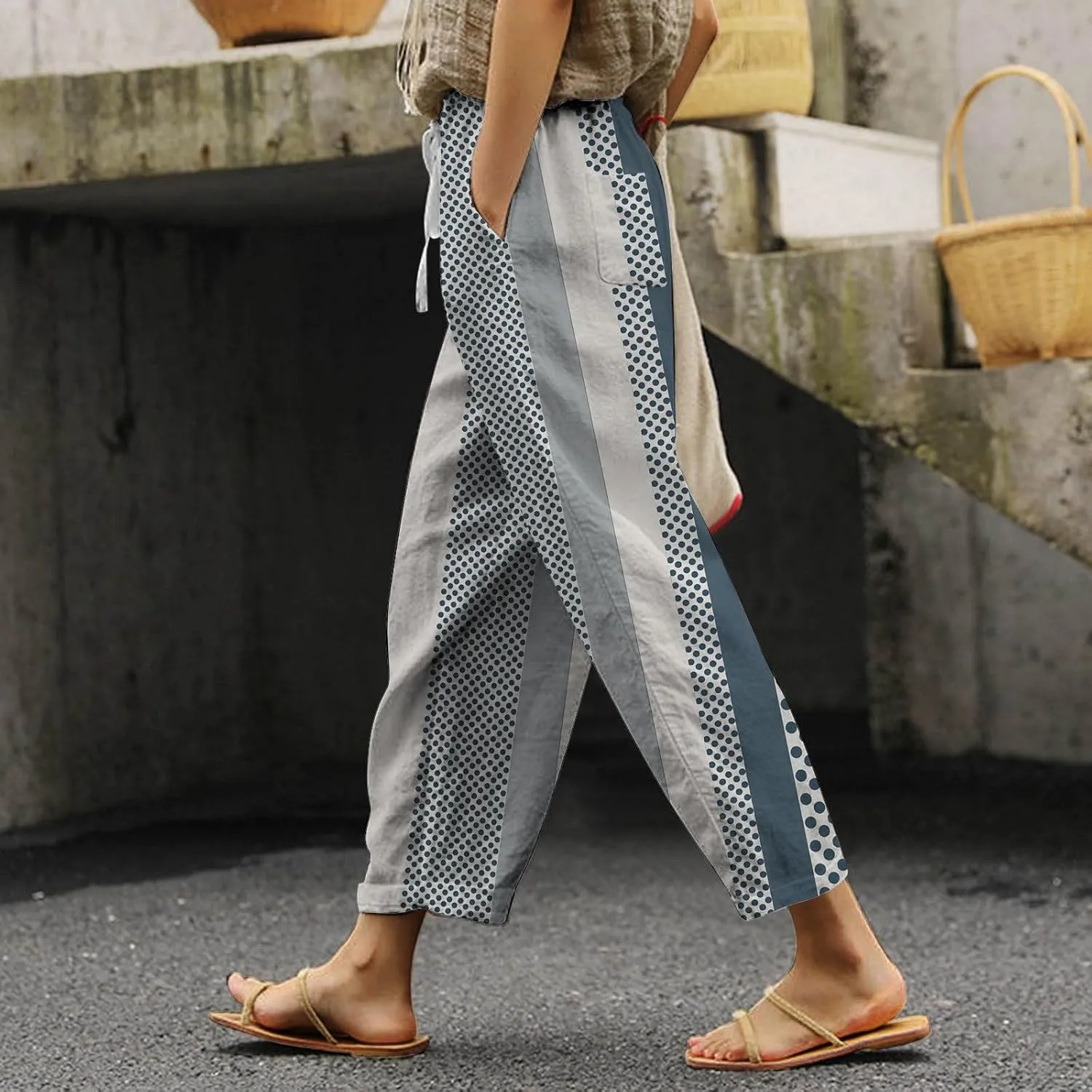 Linen Pants for Women 2025 Summer High Waist Elastic Straight Leg Lounge Pant Color Block Lightweight Beach Trousers
